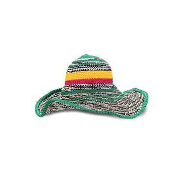 A green-orange-red multi-stripe crochet Missoni hat