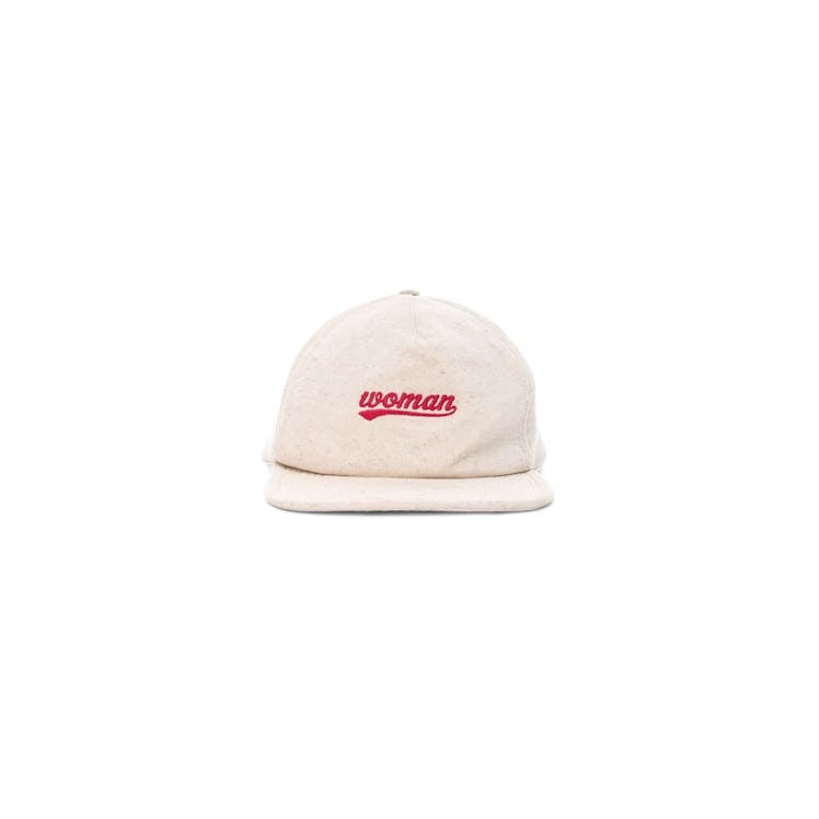 A white Off-White hat with the text 'woman' embroidered in red