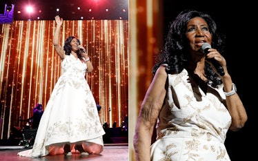 A two-part collage of Aretha Franklin performing in a white gown in 2017