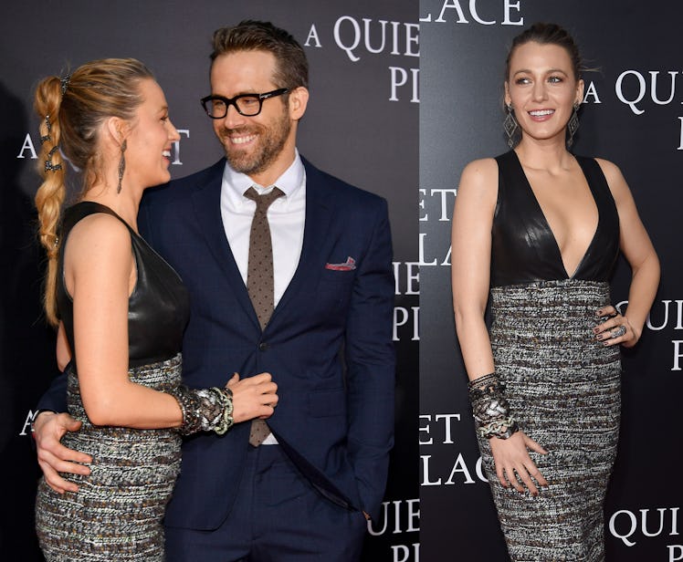Blake Lively with Ryan Reynold wearing a braided tail haircut for “A Quiet Place” premiere.