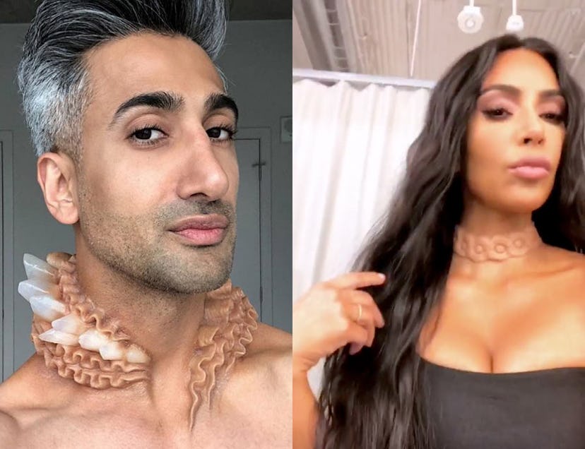 Tan France and Kim Kardashian wearing pieces from A.Human collection in a two-part collage