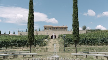 Brunello Cucinelli’s vineyard with the cellar in the background and the statue of Dionysus-Bacchus i...