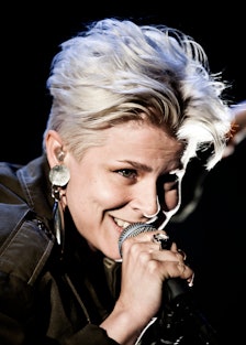 The Swedish singer Robyn (Miriam Carlsson) performs live concert at Roskilde Festival 2010 and is he...
