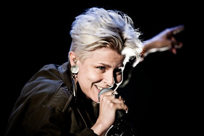 The Swedish singer Robyn (Miriam Carlsson) performs live concert at Roskilde Festival 2010 and is he...