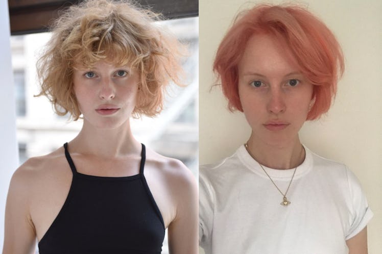 Rori Grenert's hair transformation in a two-part collage from a short curly ginger bob to pink