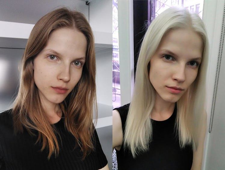 Anita Terenteva's hair transformation in a two-part collage from brunette to platinum blonde hair