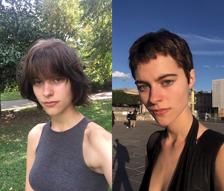 Ilona Desmet's hair transformation in a two-part collage from a short brunette bob to a pixie haircu...