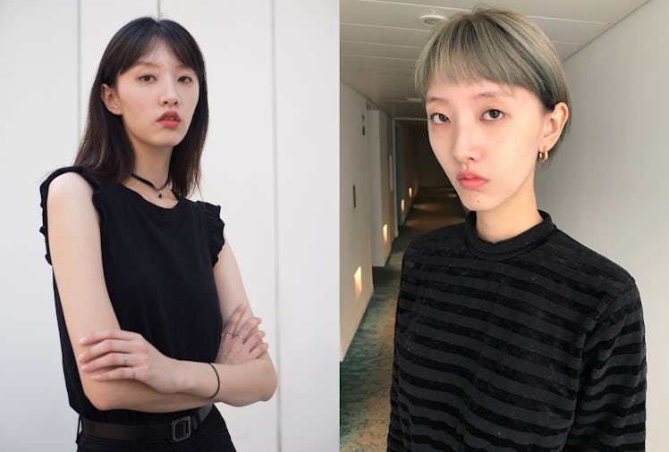Jiji's hair transformation in a two-part collage from a short brunette bob to a blonde pixie cut