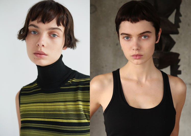 Emma Boyd's hair transformation in a two-part collage from a short bob to pixie cut 