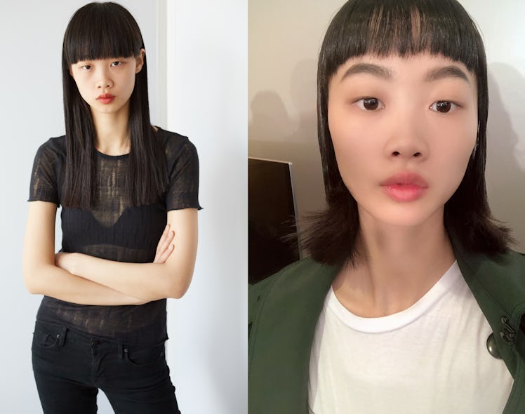 Huan Zhou's Hair Transformation in a two-part collage from long hair to a short bob