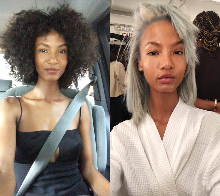 Ariela Soares hair transformation in a two-part collage from short brown curly hair to a silver shor...