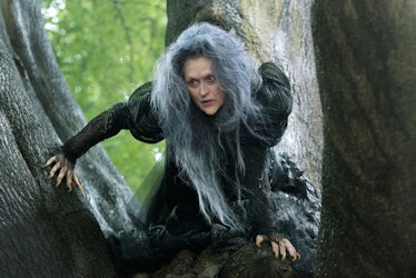Meryl Streep, on a tree wearing a black dress with messy hair, playing a witch in 'Into The Woods'