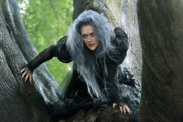 Meryl Streep, on a tree wearing a black dress with messy hair, playing a witch in 'Into The Woods'