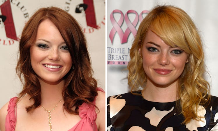 Collage of two photos of Emma Stone from 2008 and 2013