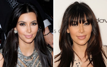 A two-part collage of Kim Kardashian before and after bangs