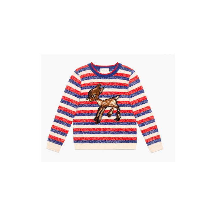 Gucci’s red, white, and blue lurex sweater, featuring a baby fawn