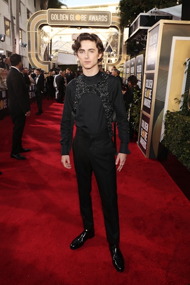 Louis Vuitton black sequined Harness Cut Away Vest worn by Timothée  Chalamet for 2019 Golden Globes