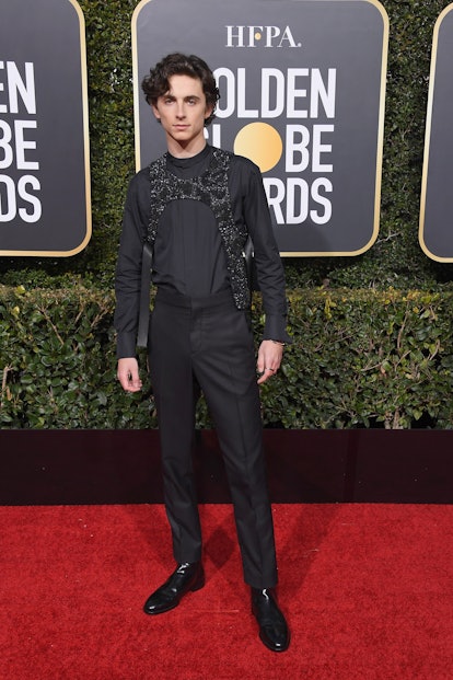 Louis Vuitton black sequined Harness Cut Away Vest worn by Timothée  Chalamet for 2019 Golden Globes