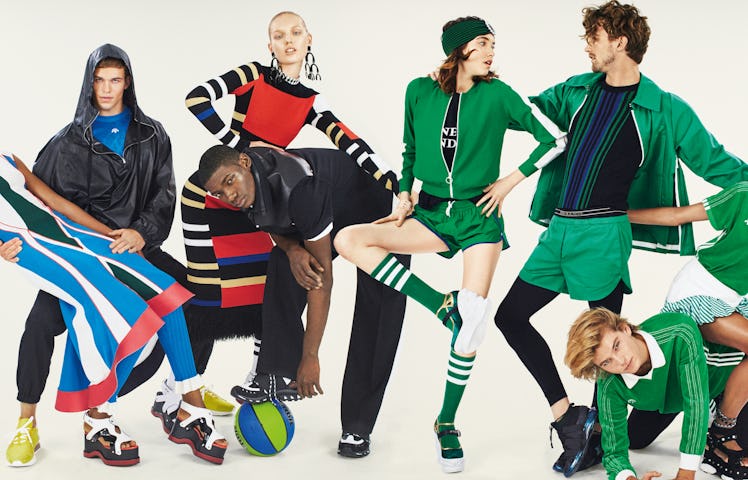 Eight models posing in colorful sport suits