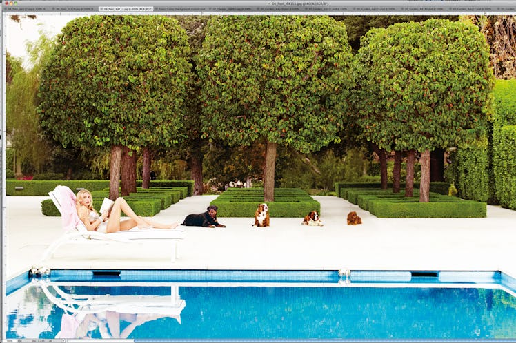 Sitting Pretty.Petra Ecclestone lounging poolside at her new palace.Omo Norma Kamali's stone-embelli...