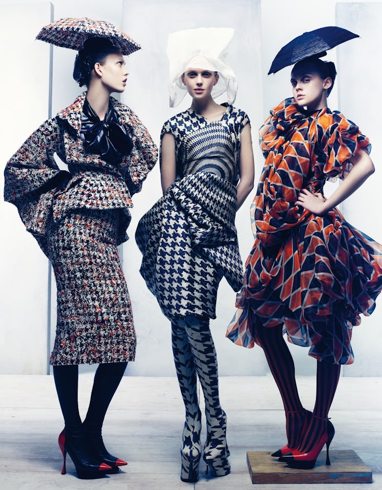 FROM LEFT: ALEXANDER McQUEEN'S SILK TWEED JACKET AND SKIRT AND POLYESTER BLOUSE, AT ALEXANDER McQUEE...