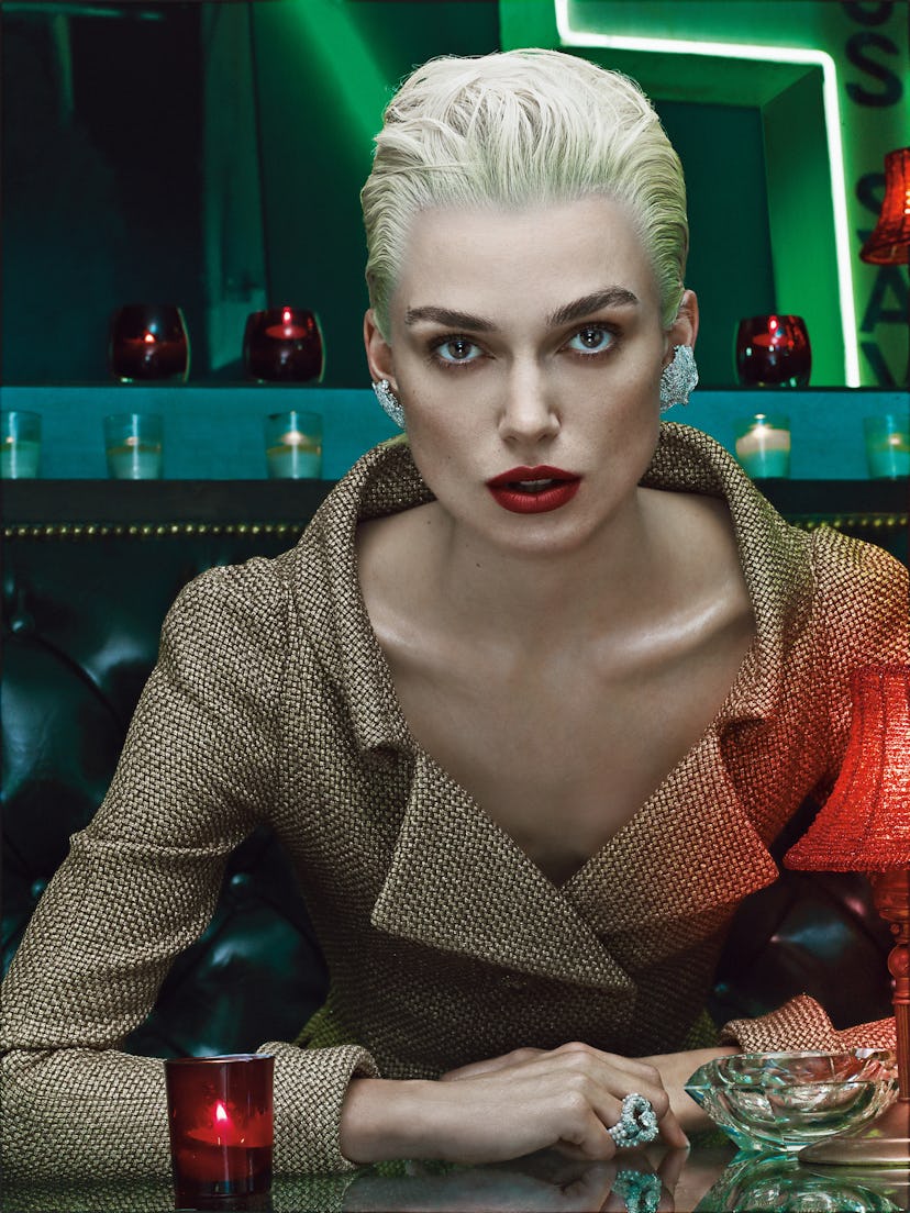 THE 2000sKEIRA KNIGHTLEYChanel braided tweed jacket. Fabergé 18k white gold, ruby, and diamond earri...