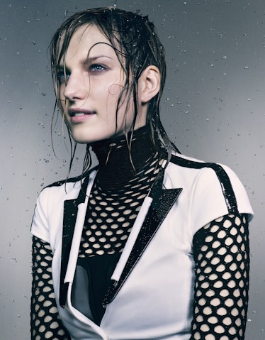 Emporio Armani cotton-blend jacket and silk corset top. Alexander Wang merino wool fishnet turtlenec...