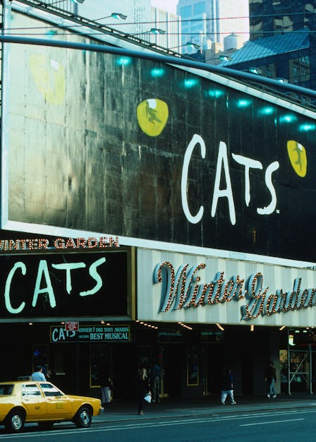 Broadway Theatre advertisements for Cats the musical above a theatre in the Theatre District - New Y...