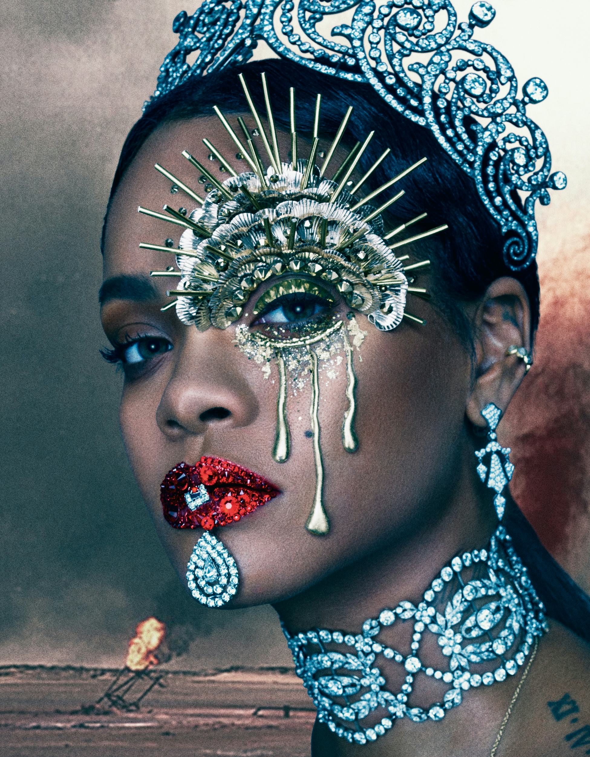 CARTIER TIARA, EARRINGS, AND NECKLACE; RIHANNA'S OWN CUFF EARRING AND CHAIN NECKLACE (THROUGHOUT).