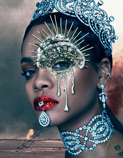 CARTIER TIARA, EARRINGS, AND NECKLACE; RIHANNA'S OWN CUFF EARRING AND CHAIN NECKLACE (THROUGHOUT).
