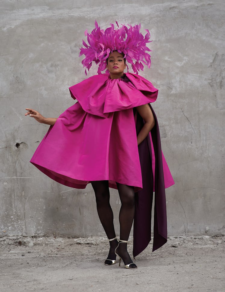 More than ready for her close-up in a Valentino Haute Couture dress and sandals; Philip Treacy for V...