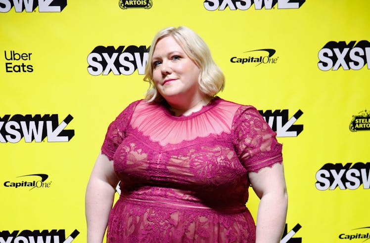 Lindy West wearing a cherry red dress