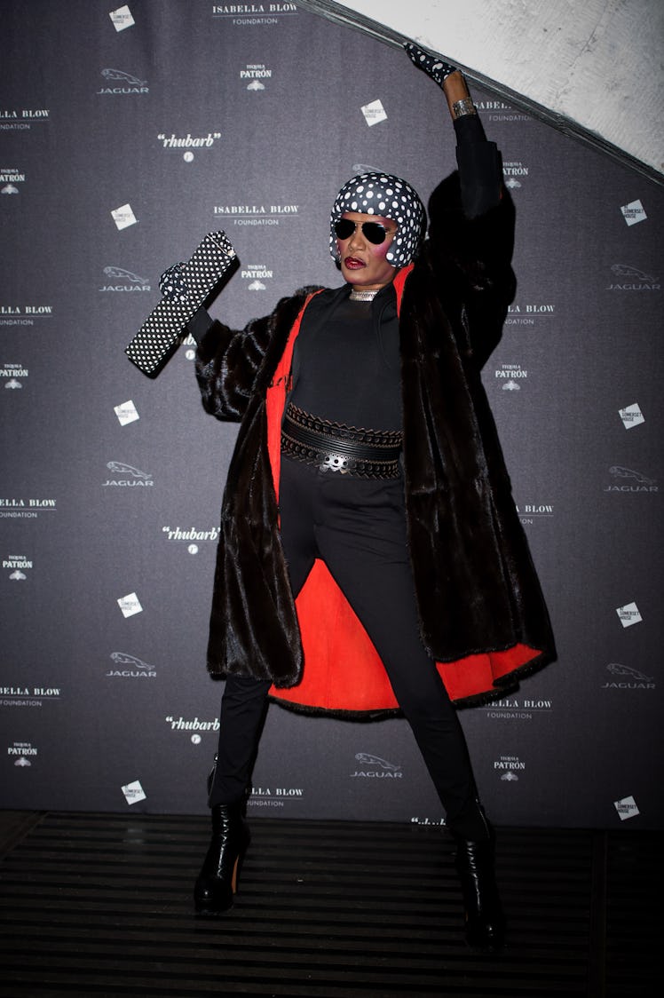 Grace Jones attends the opening of Isabella Blow: Fashion Galore! in London, England, 2013.