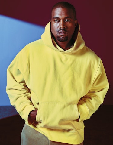 Kanye West wears Yeezy Season 3 hoodie and pants. Grooming: Clinique.