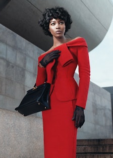 Nina Ricci jacket and skirt; Cornelia James gloves (throughout); Hermès bag.
