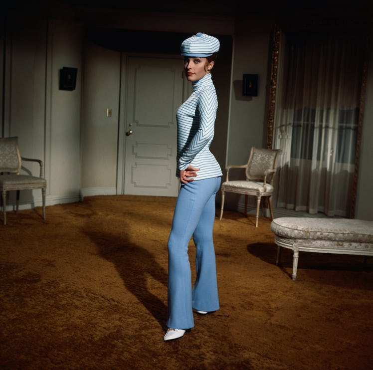 Sharon Tate Posing in a Blue Suit