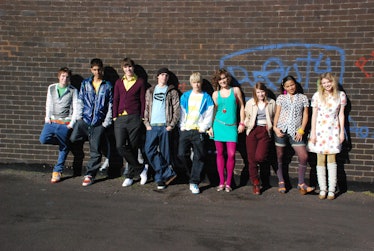 SKINS, (from left): Joe Dempsie, Dev Patel, Nicholas Hoult, Mike Bailey, Mitch Hewer, April Pearson,