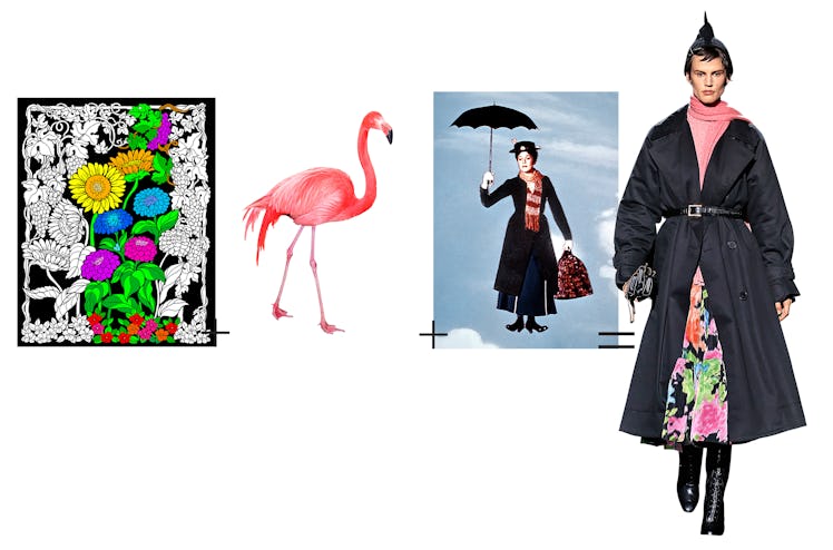 A fuzzy coloring poster; A flamingo; Mary Poppins; Marc Jacobs’s swanky matrons
