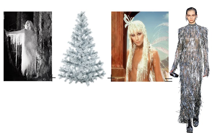 Titania, Queen of the Fairies; A tinsel Christmas tree; Cher; A model in Alexander McQueen’s silver ...