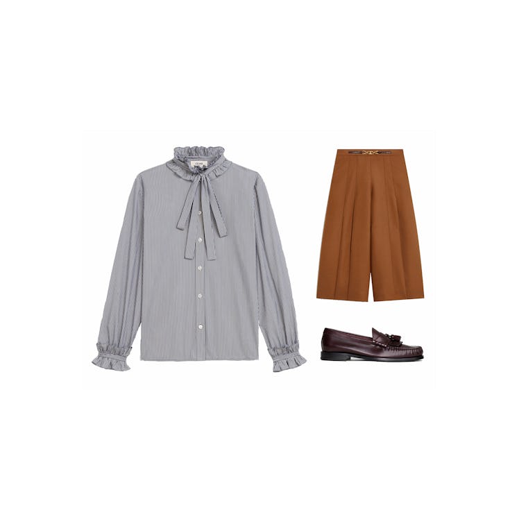 Collage of a grey blouse, brown culotte, and a black loafer