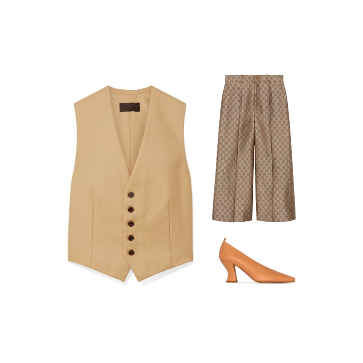 Light brown Nili Lotan vest, a dark brown Gucci culotte, and a brown Bottega Veneta shoe