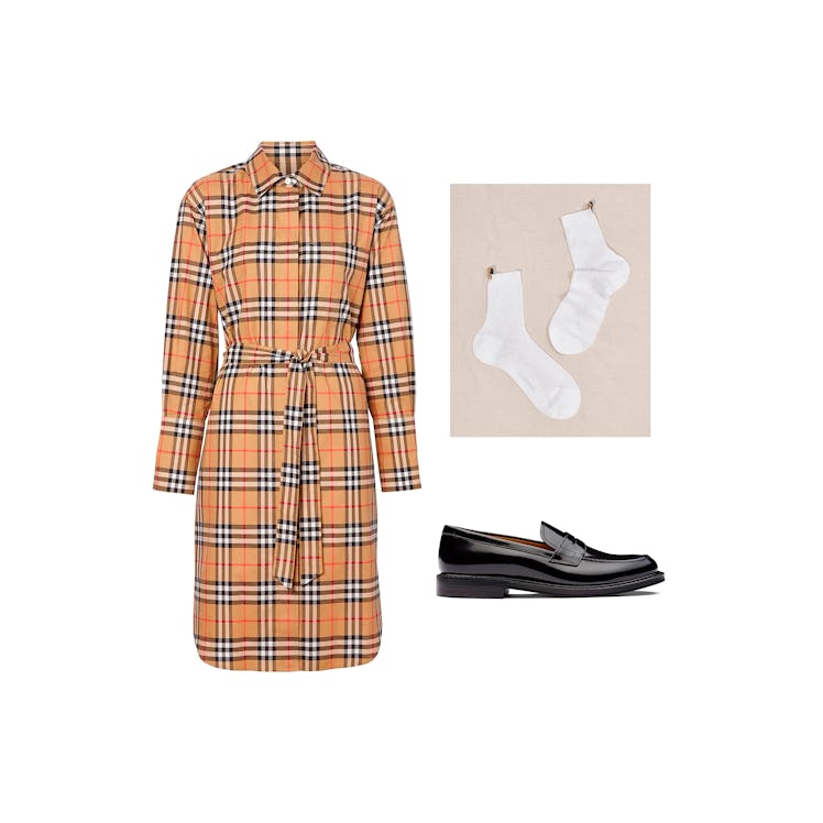 Orange Burberry dress, white Comme Si socks, and a black Church’s loafer