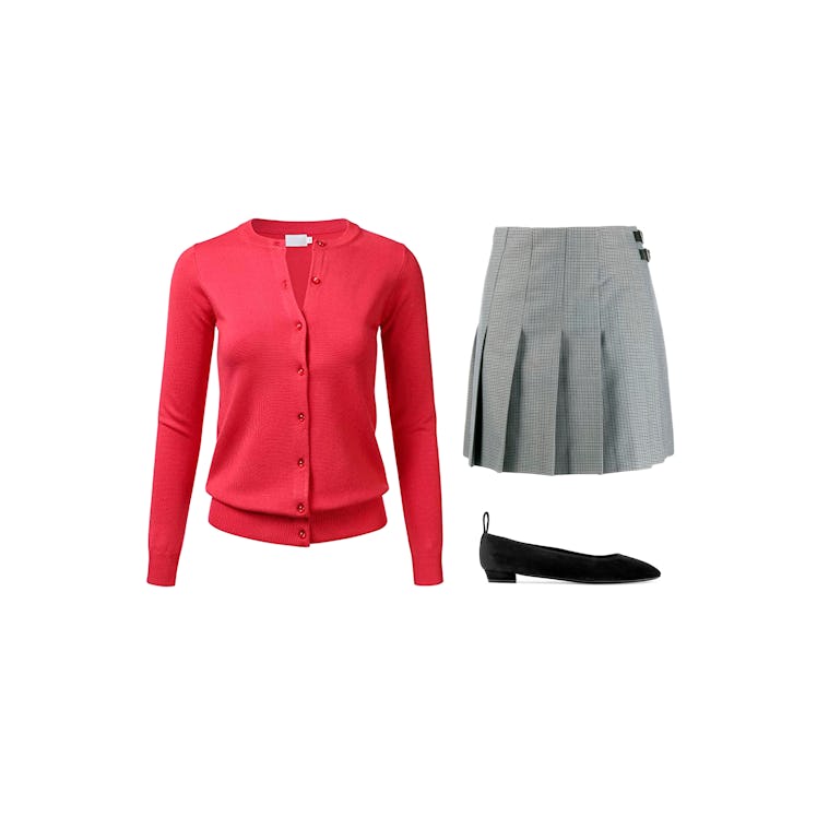 Floria red cardigan, MSGM grey skirt, and a black The Row shoe