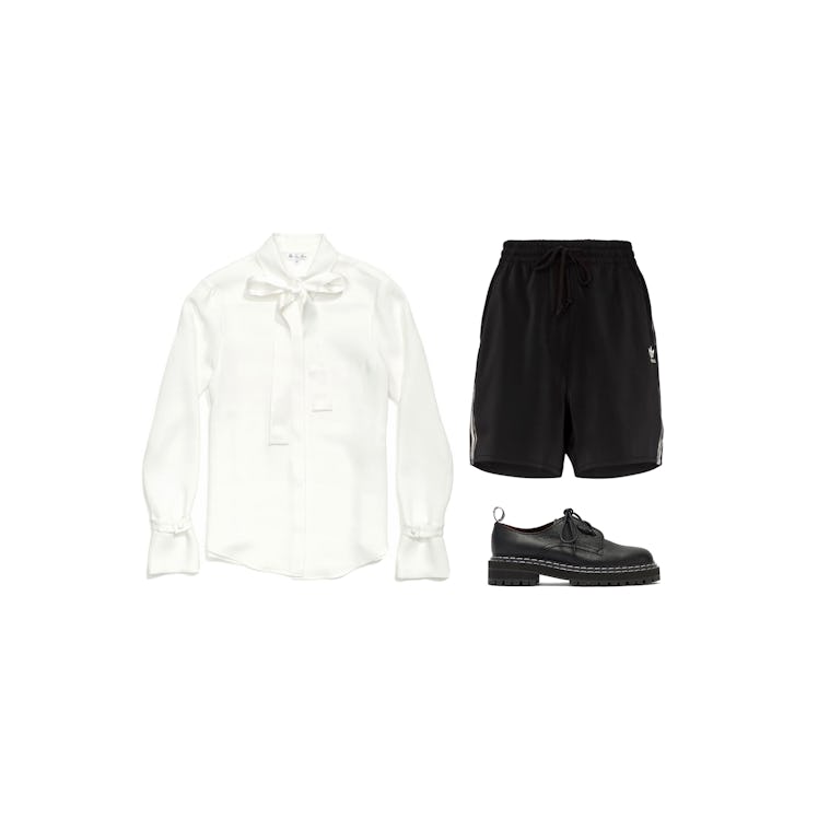 Loro Piana white blouse, black Adidas short, and a Proenza Schouler black shoe