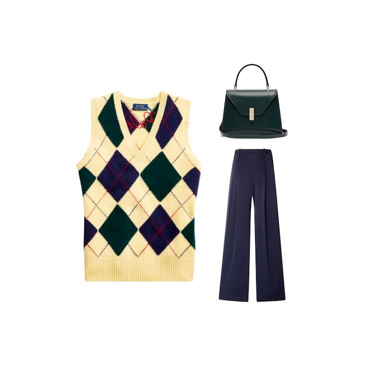 Polo Ralph Lauren yellow sweater vest, Vince dark blue pants, and a Valextra dark green bag