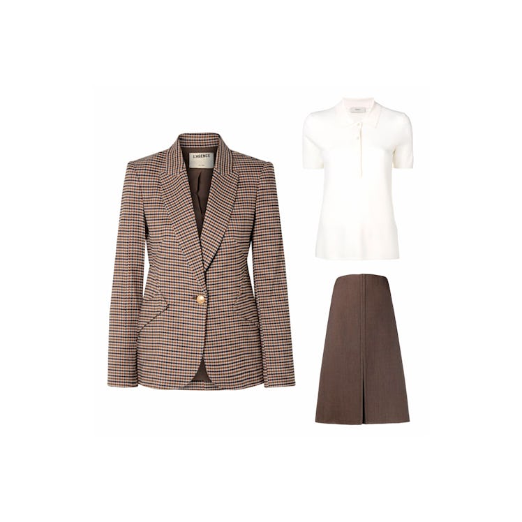 L’Agence brown blazer and a white and brown skirt suit
