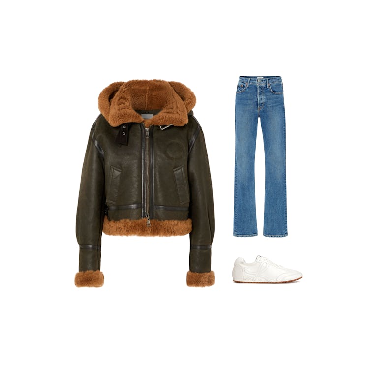 Chloe brown leather jacket, GRLFRND denim jeans, and a white Loewe sneaker