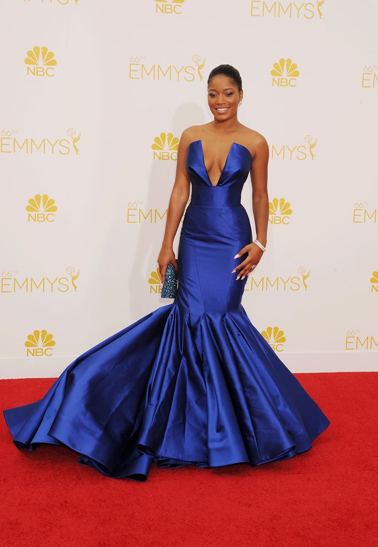 Keke Palmer at the 2014 Emmy Awards in a royal blue, strapless mermaid gown