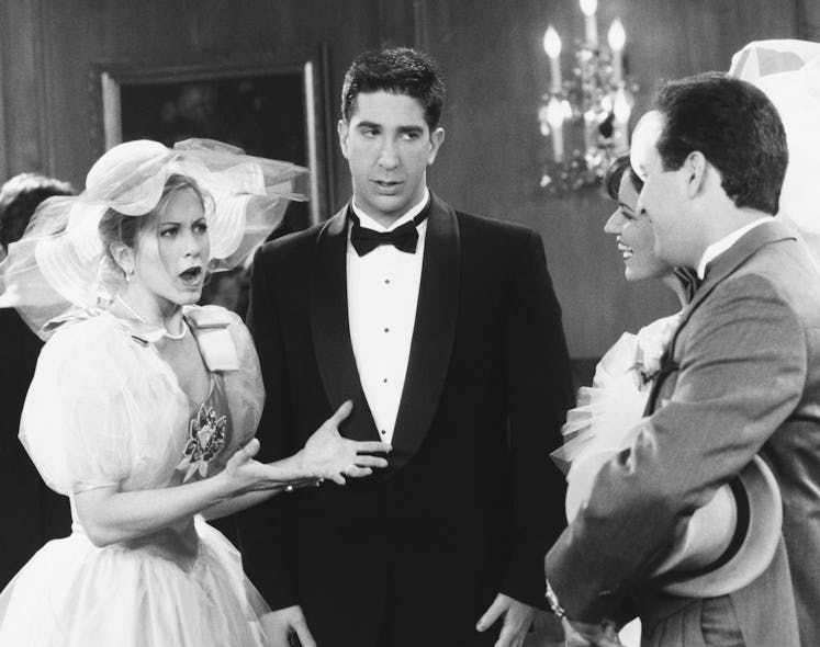 Jennifer Anison, David Scwimmer, Jana Marie Hupp and Mitchell Whitfield in a black and white episode...