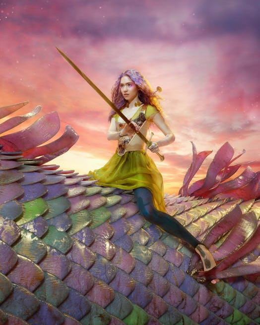 Illustration of Grimes riding a dragon